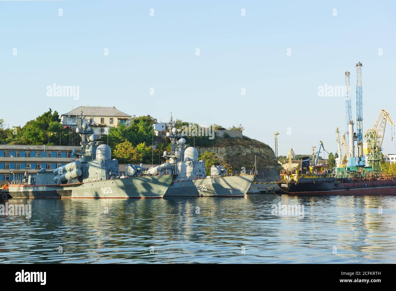 Russia, Crimea, Sevastopol - September 03.2017: Missile boats of 953 and 955 in the composition of the 295th Sulina division of missile boats black se Stock Photo