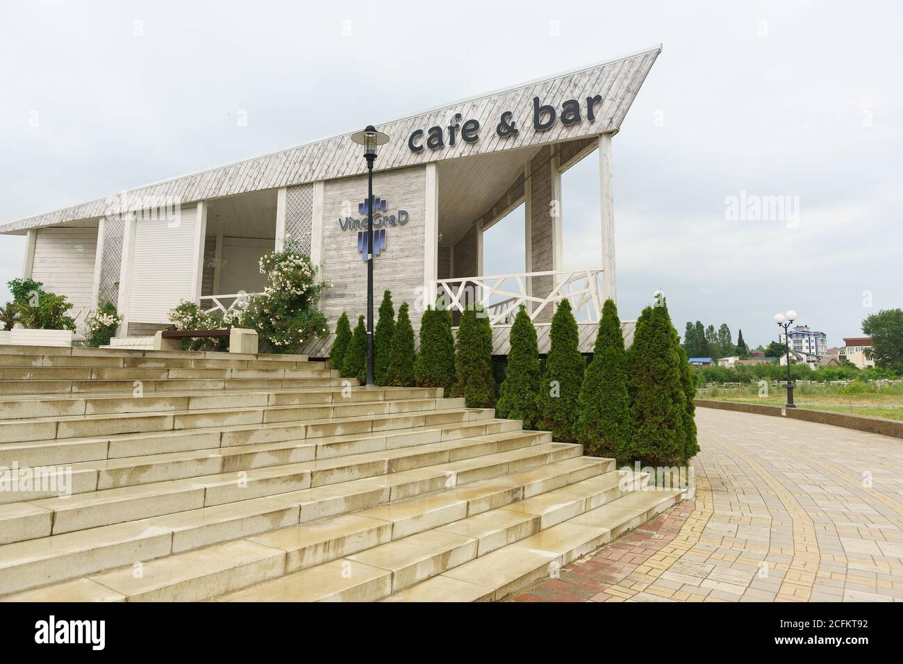 Russia, Sochi, Krasnodar region - June 07.2017: Open porch café bar VinoGraD on-site shopping and entertainment center Mandarin Stock Photo