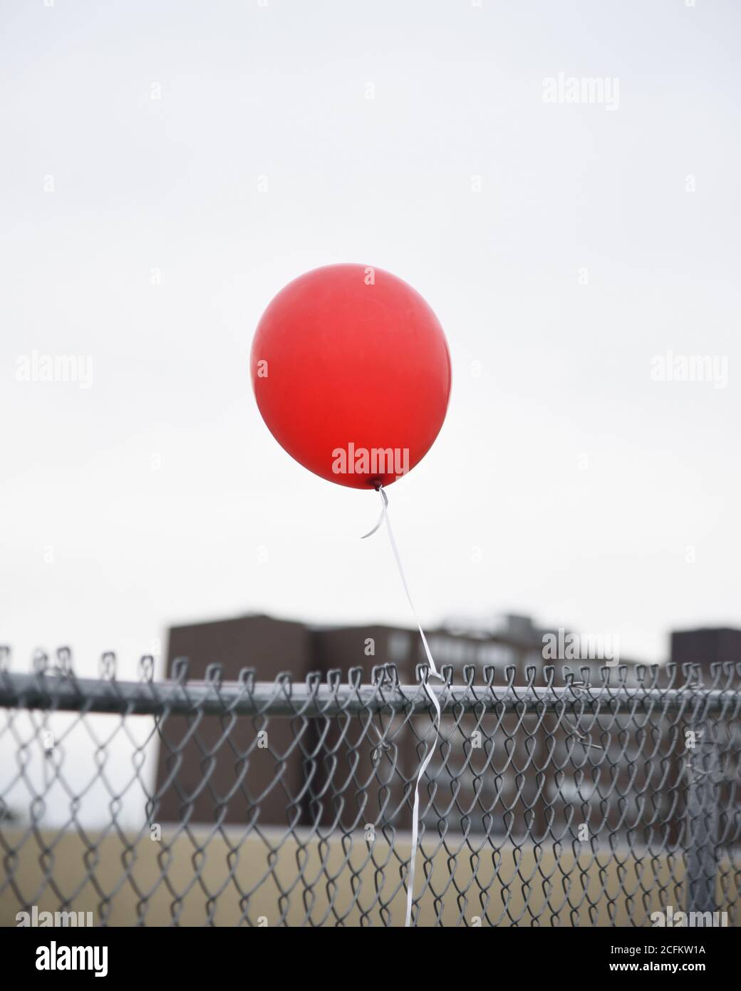 A red balloon is tied to a chain fence outside for a loneliness or solitude concept. Stock Photo