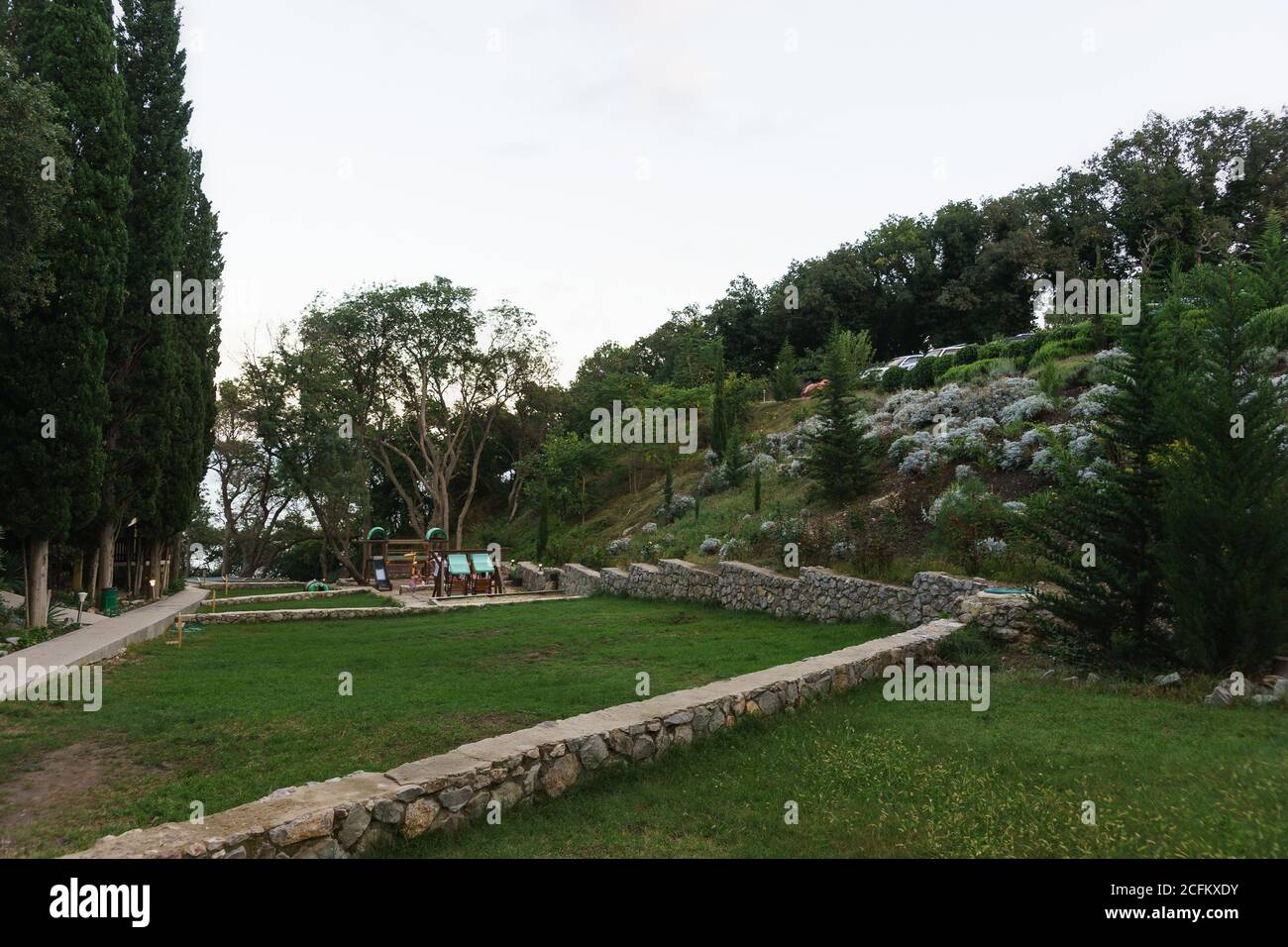 Alupka, Yalta, Crimea, Russia-September 12, 2018: Landscaped area of the reconstructed hotel complex 'Green Cape' in the resort city Stock Photo