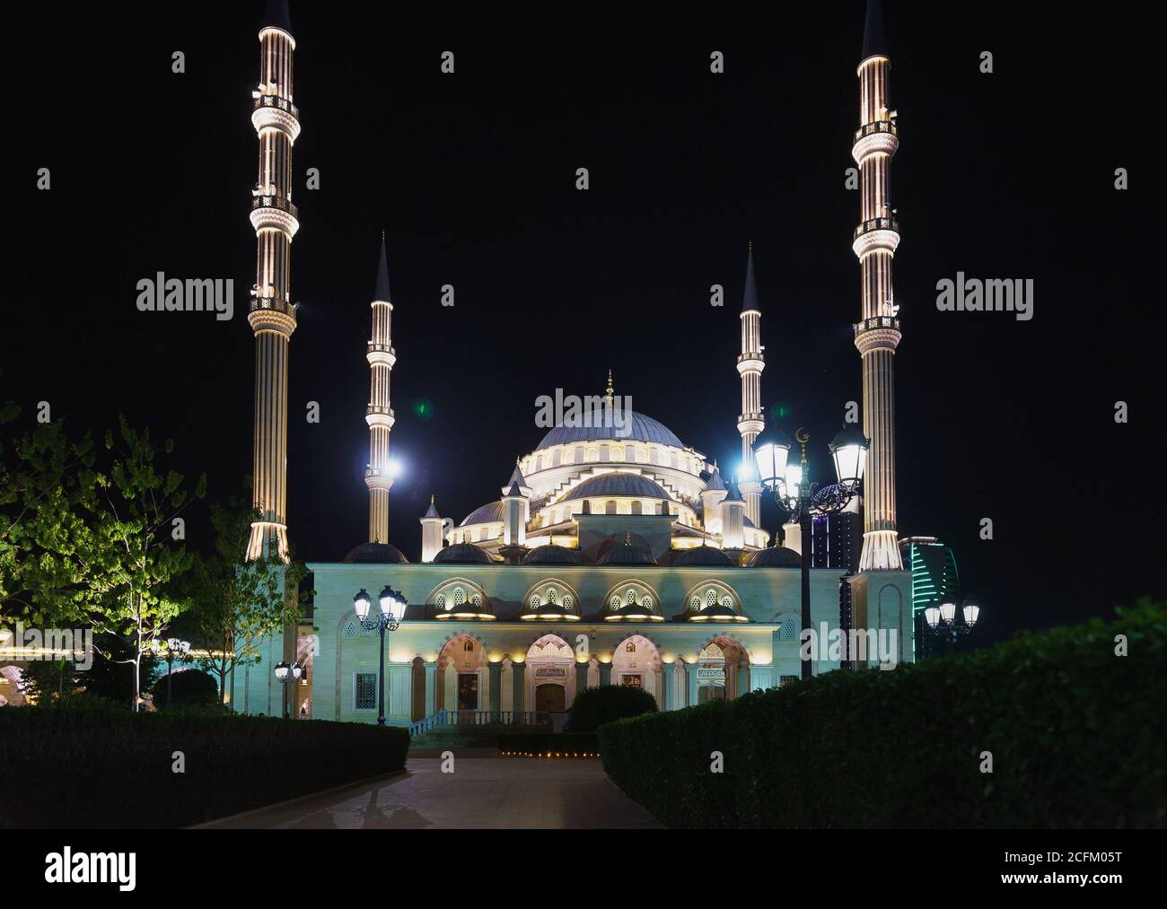Grozny, Chechen Republic, Russia - June 01, 2019: Mosque Heart of Chechnya. Beautiful night illumination of an elegant building. Nobody Stock Photo