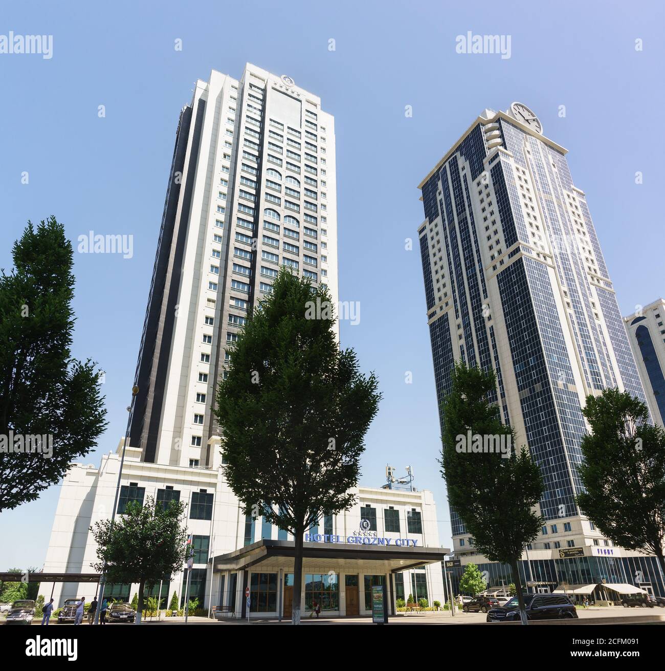 Grozny, Chechen Republic, Russia - June 02, 2019: Complex of high-rise futurist buildings Grozny city in the city center: the hotel of the same name a Stock Photo