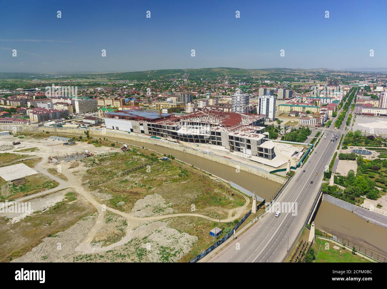 Grozny, Chechen, Russia - June 02, 2019: View from the observation deck of the Grozny city high-rise complex to the construction of the Akhmat tower a Stock Photo