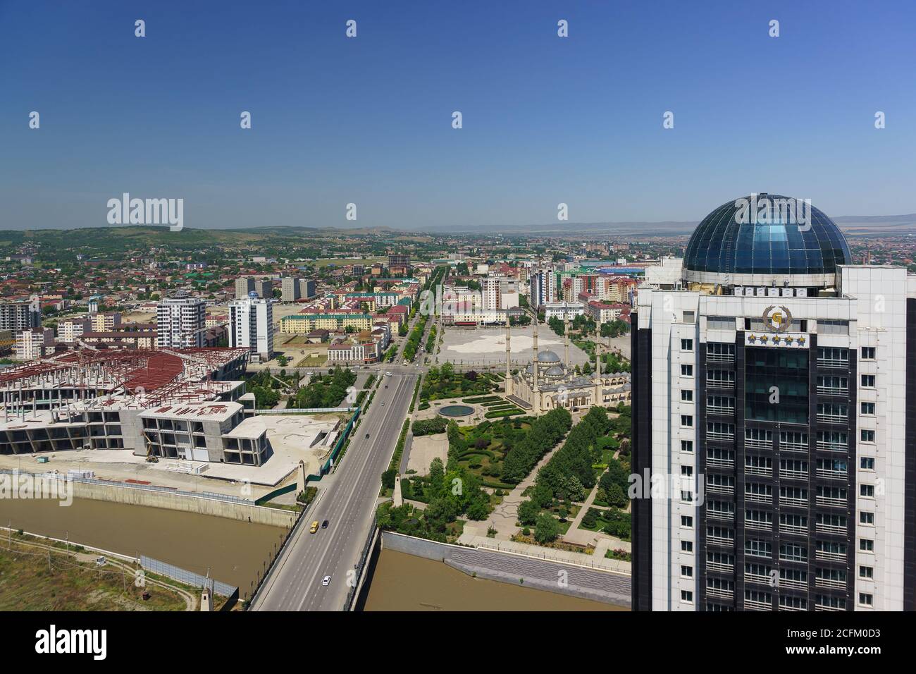 Grozny, Chechen Republic, Russia - June 02, 2019: top View of the main mosque in the Heart of Chechnya, Grozny city hotel and other facilities in the Stock Photo
