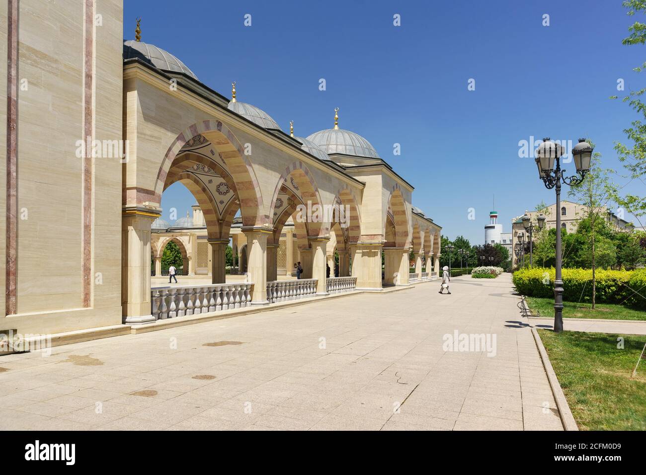 Grozny, Chechen Republic, Russia - June 02, 2019: Summer gallery of the new beautiful mosque the Heart of Chechnya named after Akhmat Kadyrov in the c Stock Photo