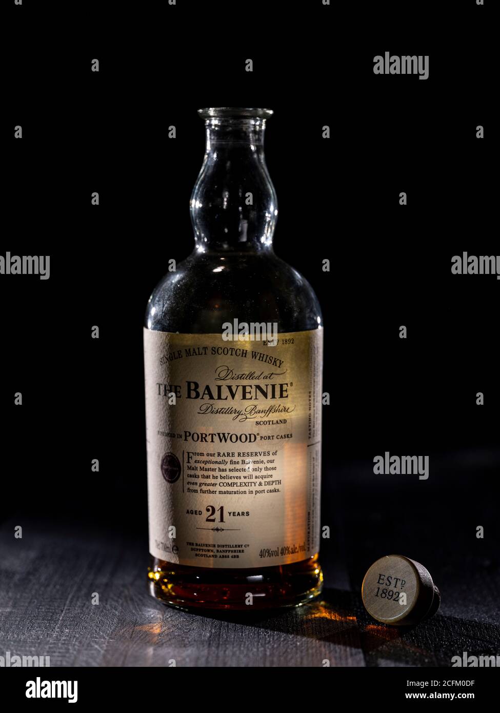 Bottle of Balvenie Malt Whiskey with Balvenie glass and cork Stock Photo