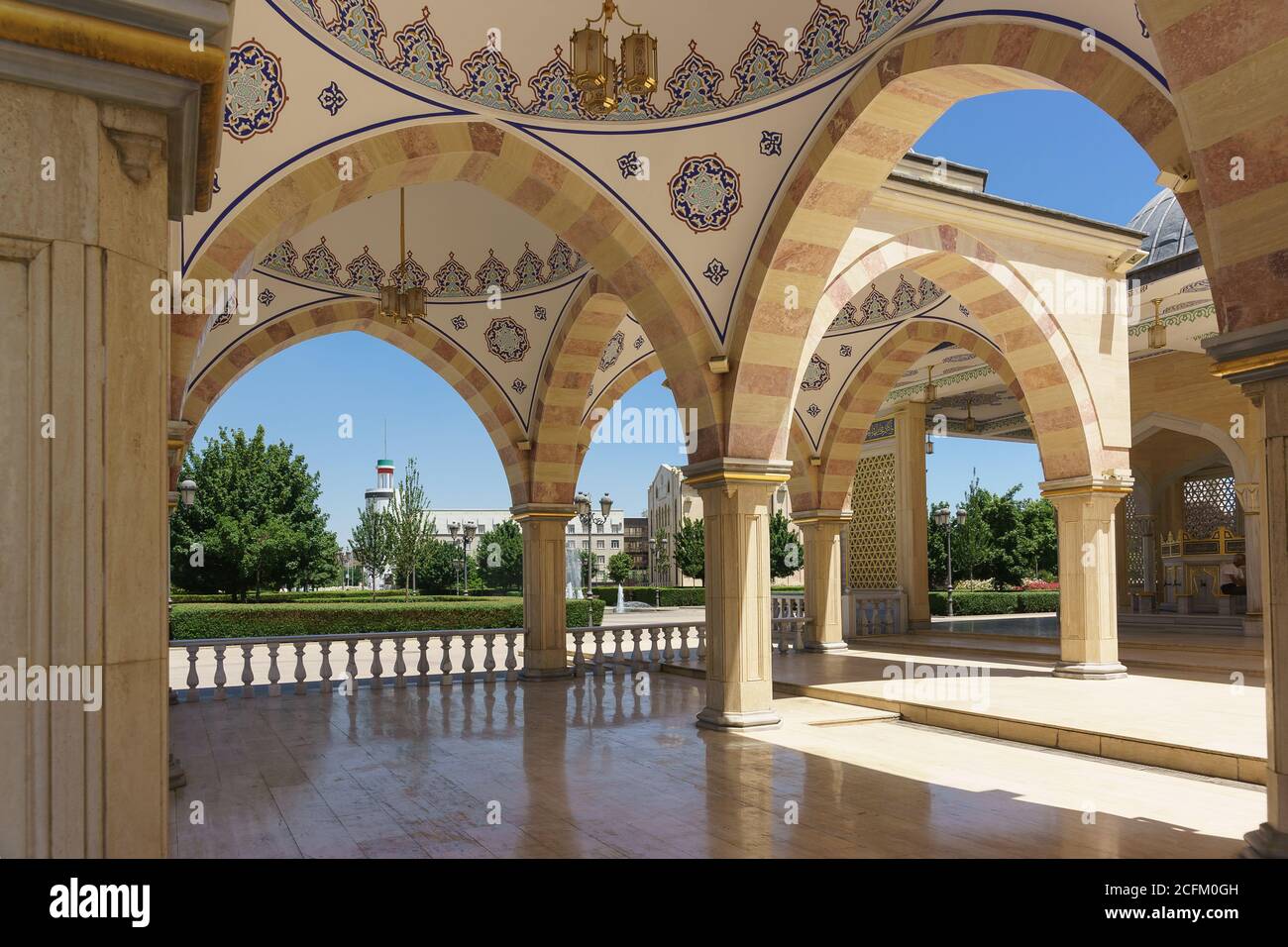 Grozny, Chechen, Russia - June 02, 2019: the Vaults of the summer gallery of the new mosque Heart of Chechnya named after Akhmat Kadyrov painted in th Stock Photo