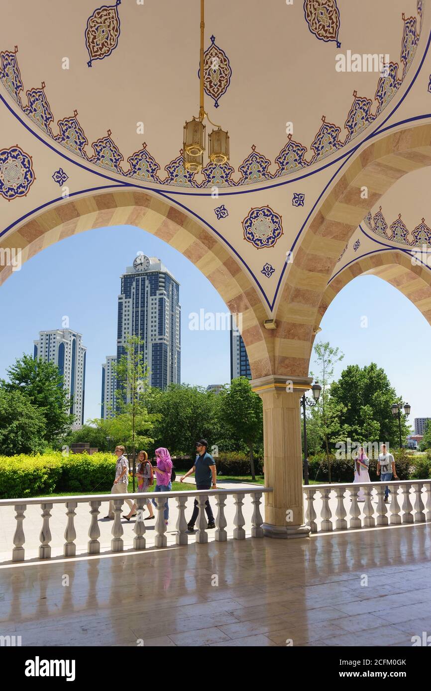 Grozny, Chechen Republic, Russia - June 02, 2019: View from the summer gallery of the new beautiful mosque the Heart of Chechnya named after Akhmat Ka Stock Photo