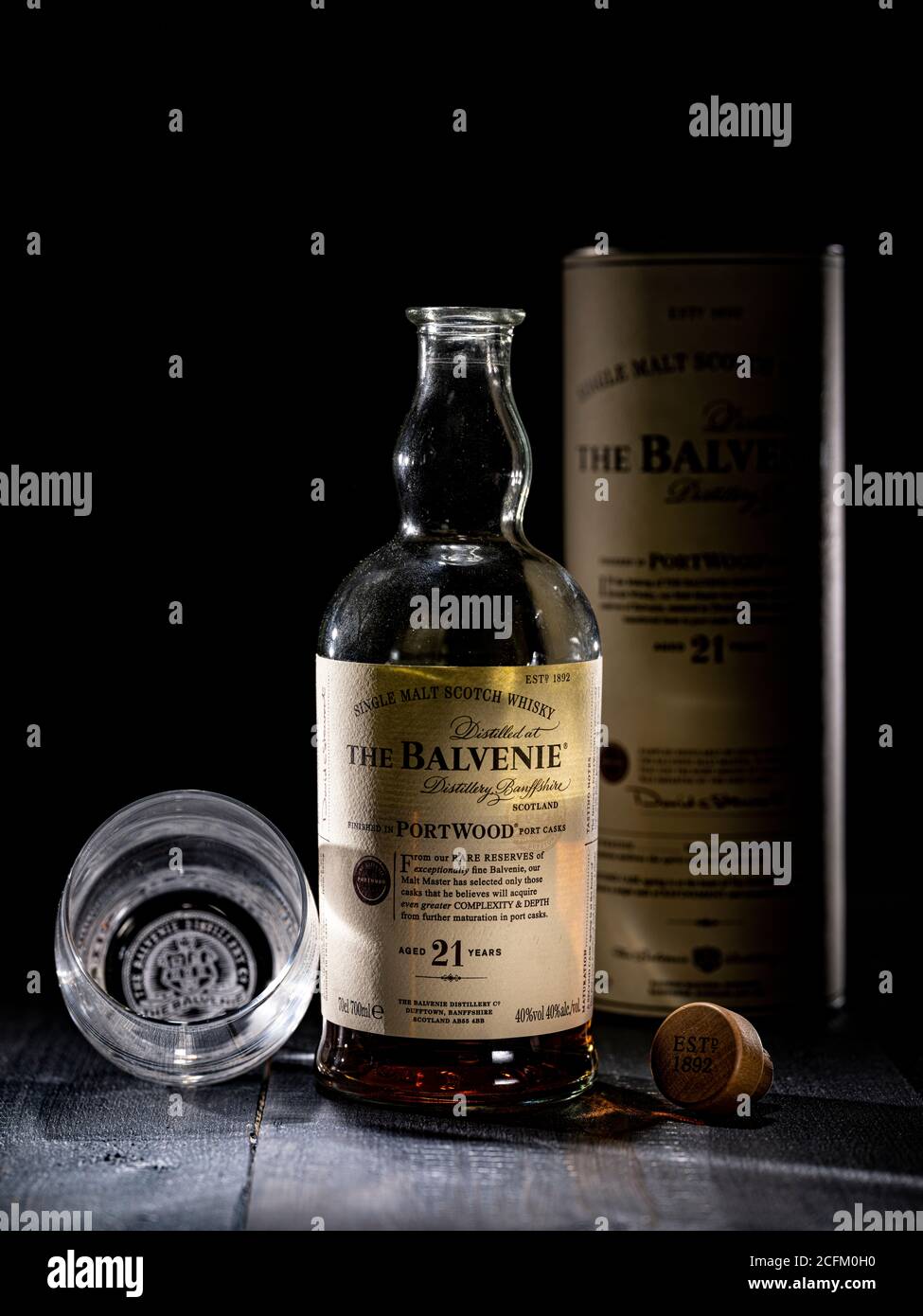 Bottle of Balvenie Malt Whiskey with Balvenie glass and cork Stock Photo