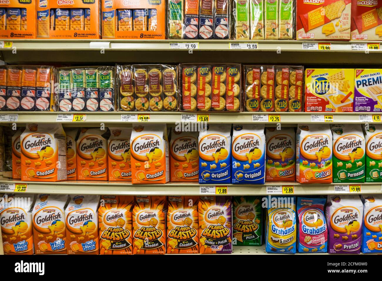 A selection of Keebler, Ritz and Goldfish crackers for sale in an American supermarket. Stock Photo