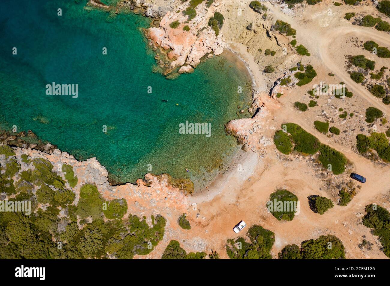 Aerial view of the rocky coastline and Aegean Sea near Voulisma, Crete