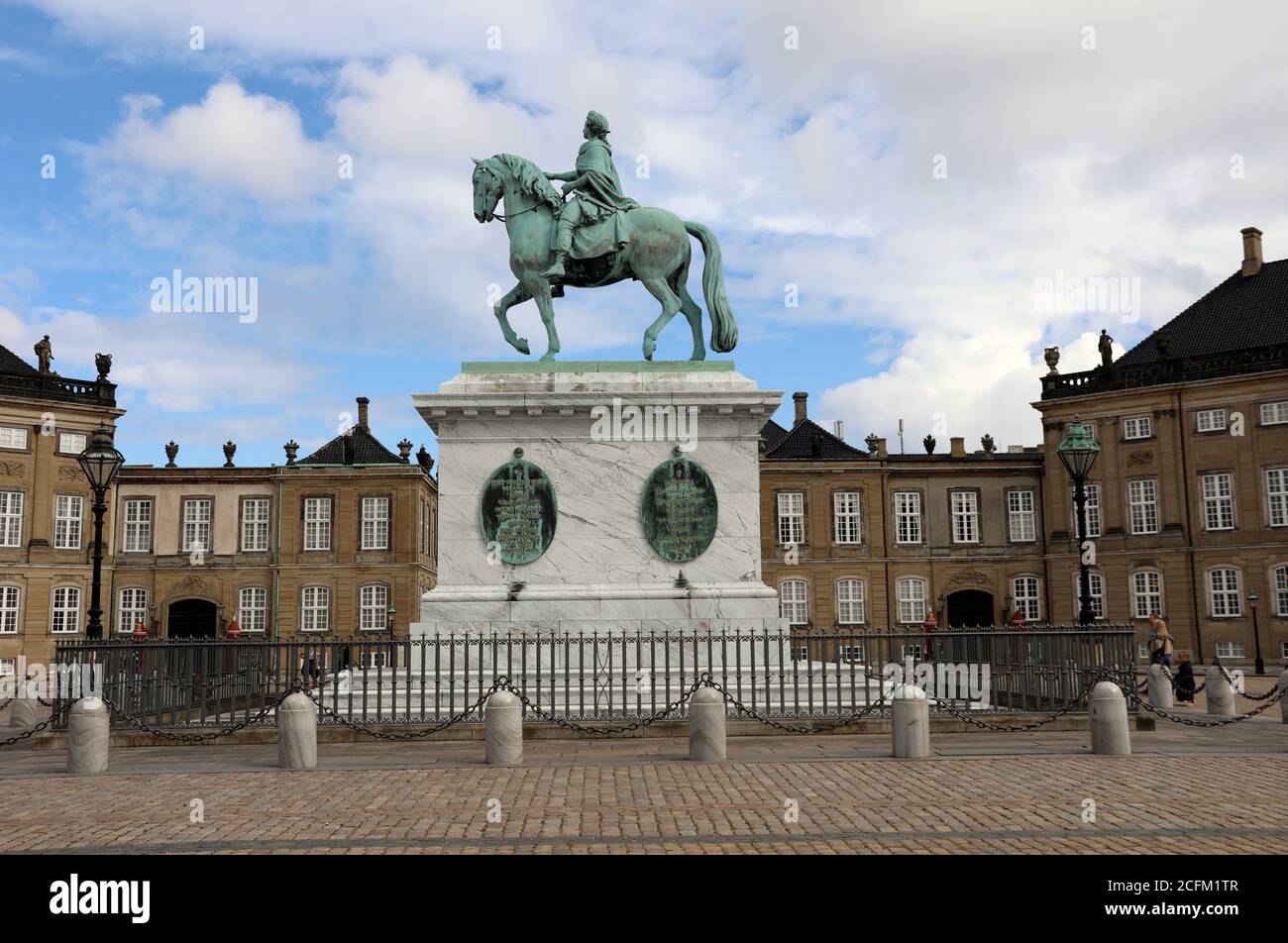 Equestrian statue of King Frederik V at the Amalienborg Palace in Copenhagen Stock Photo