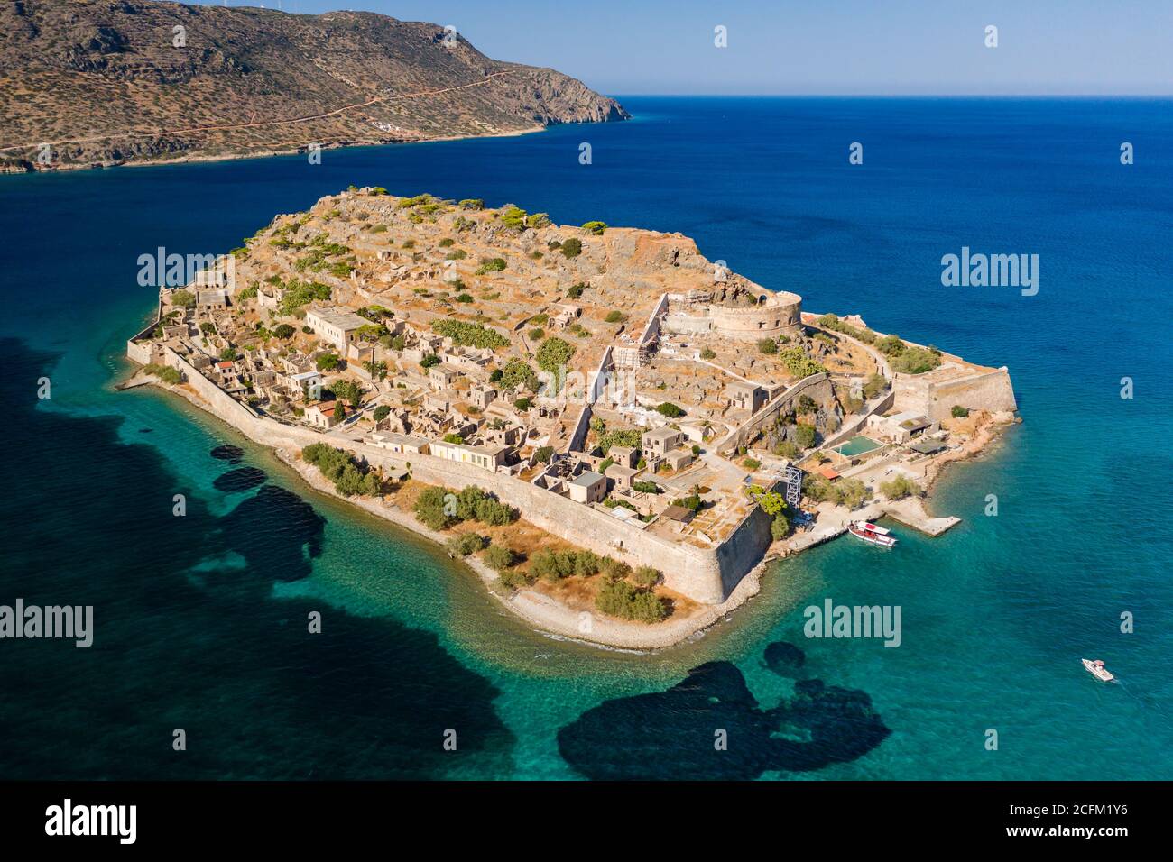 Aerial view of the ancient ruined Venetian fortress of Spinalonga ...