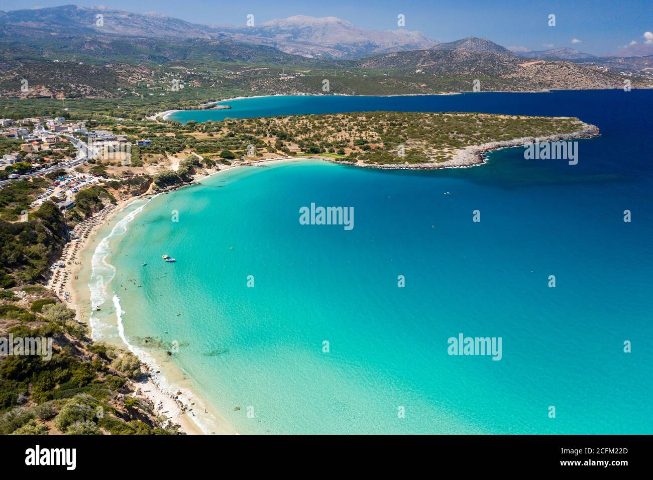 Aerial view of the beautiful sandy beach and crystal clear waters of Voulisma Beach, Crete, Greece Stock Photo