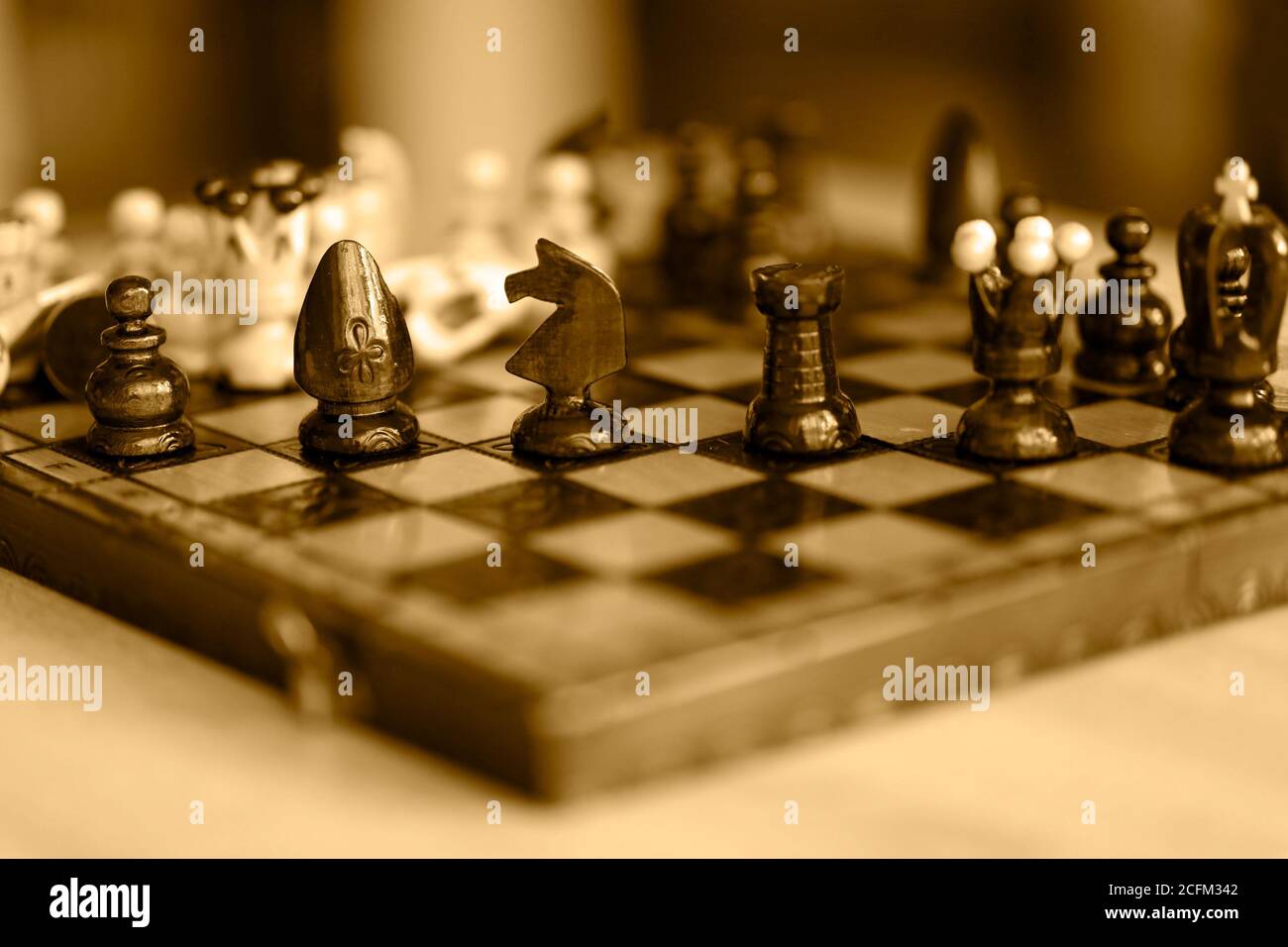 Chess pieces on wooden game board. Pieces include the pawn, king, queen, bishop, knight, and rook Stock Photo