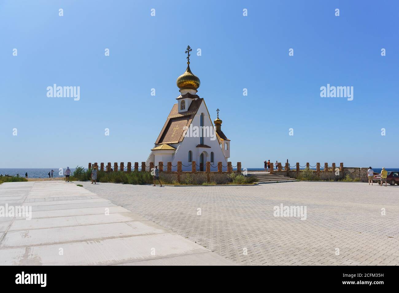 Tarkhankut, Crimea, Russia - 11 September 2019: Fishing camp. The Church-chapel of St. Nicholas, located on the edge of Cape Tarhankut, is a landmark Stock Photo