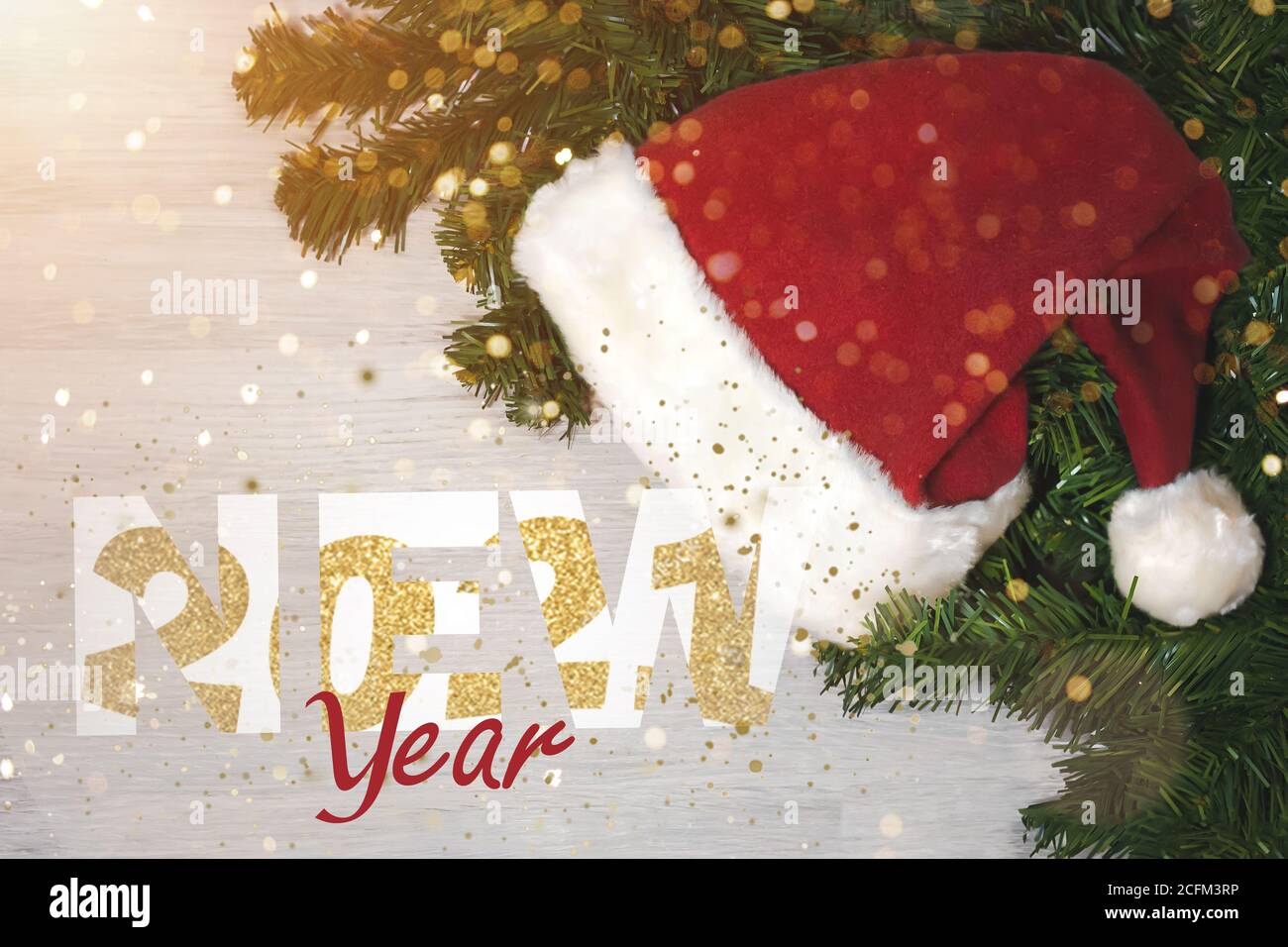 Christmas holiday background with Santa hat and decorations Stock Photo