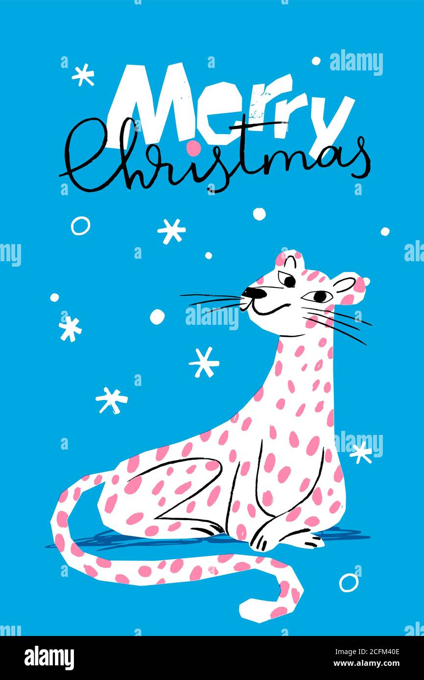 Merry Christmas vector winter poster with cute snow leopard Stock Vector