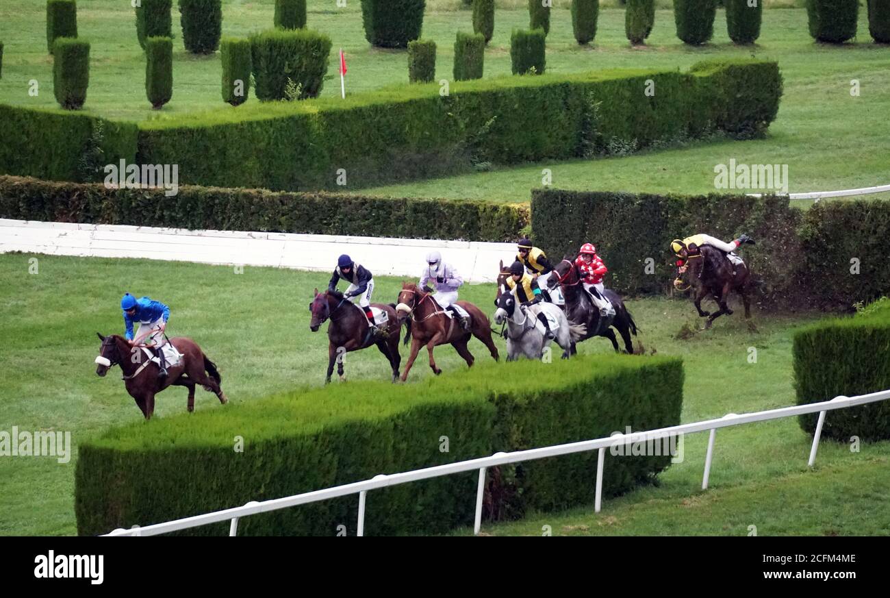 A jockey falling from a horse at the race while others running further at the race in Merano, Italy on Sept. 6th of 2020. Stock Photo