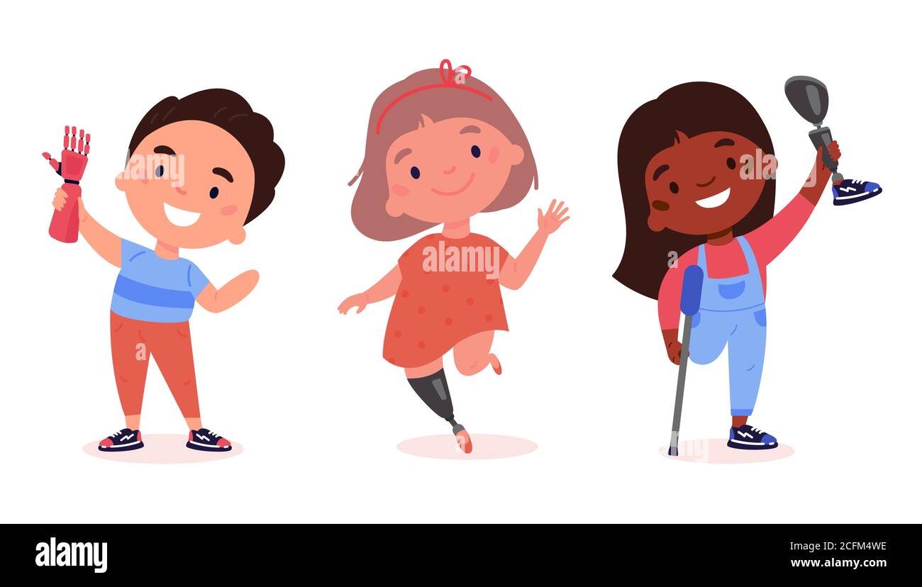 Multicultural group of kids with artificial limbs Stock Vector