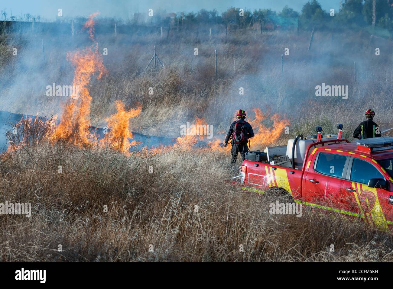 Two firefighters try to put out a forest fire with the help of a 4x4