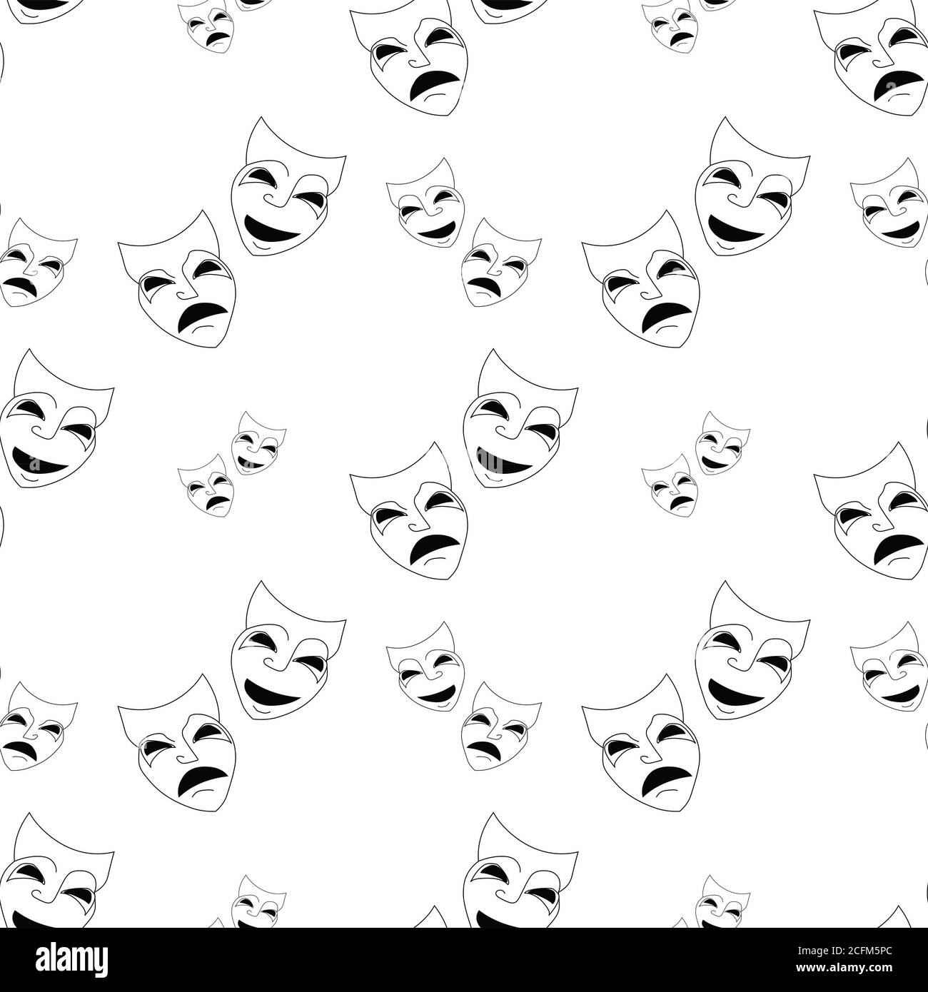 Seamless repeating comedy and tragedy theater masks in black and white. Stock Photo