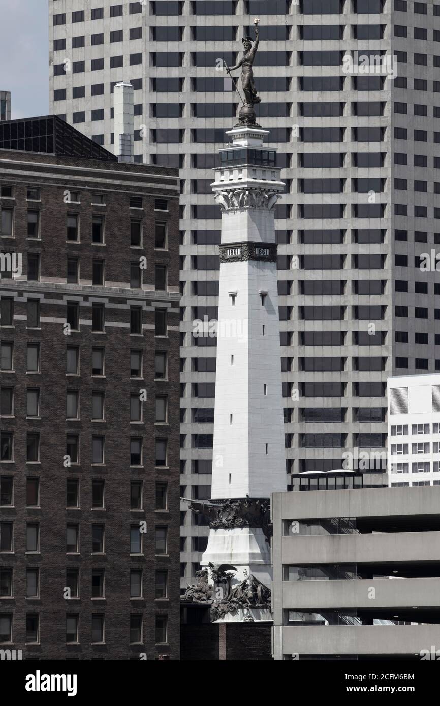 Indianapolis - Circa April 2020: Soldiers and Sailors Monument on the circle with Downtown in the background. Stock Photo