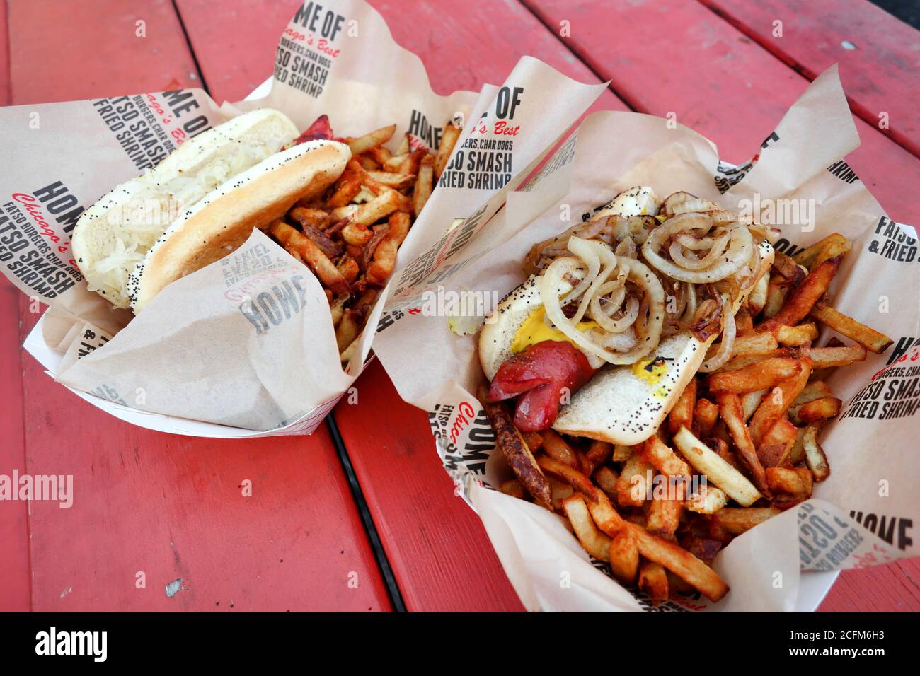 Famous Polish Hot Dogs with French Fries and Onion Rings, Chicago, USA Stock Photo