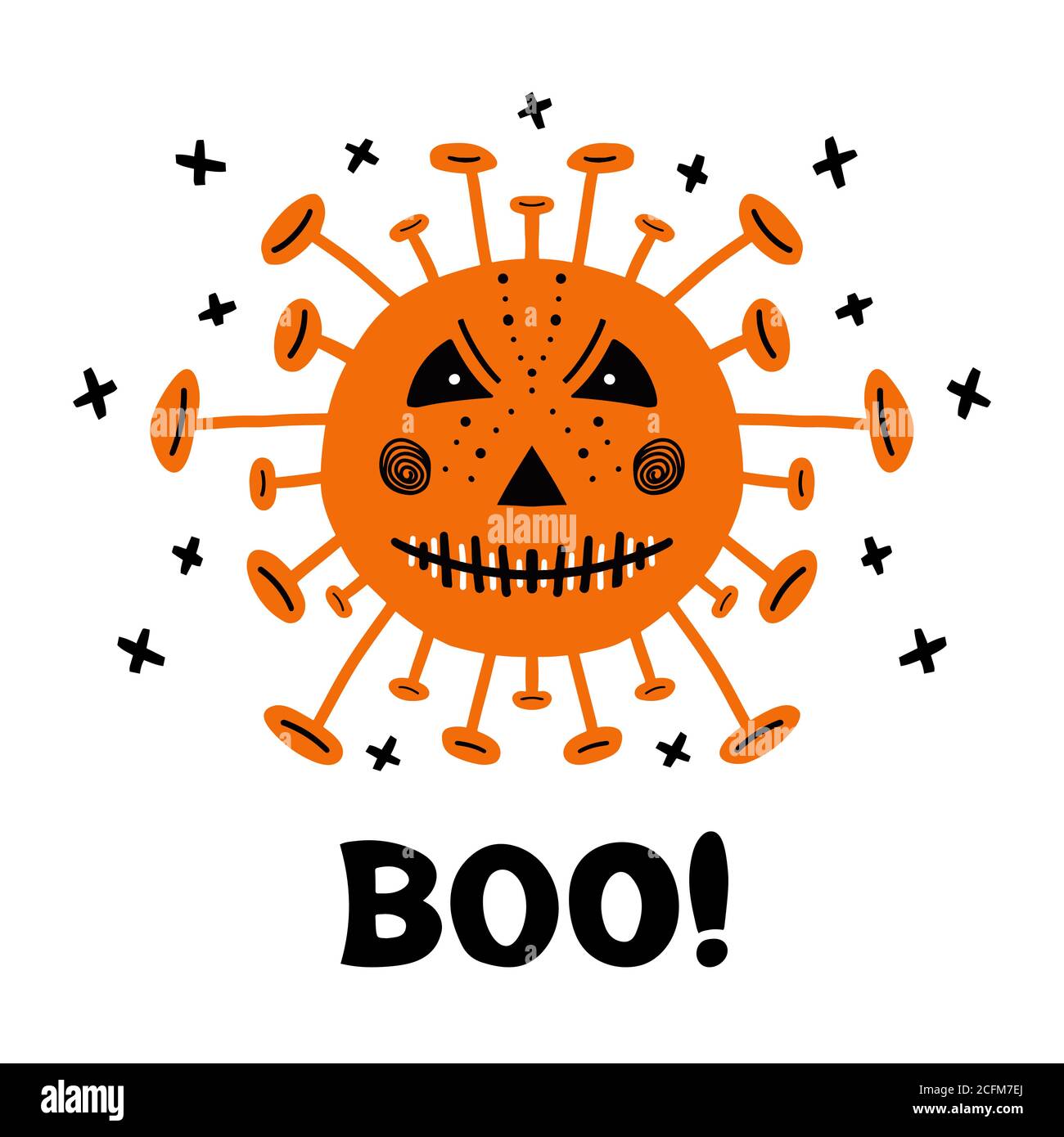 Halloween hand drawn coronavirus bacteria with scary face and boo word ...