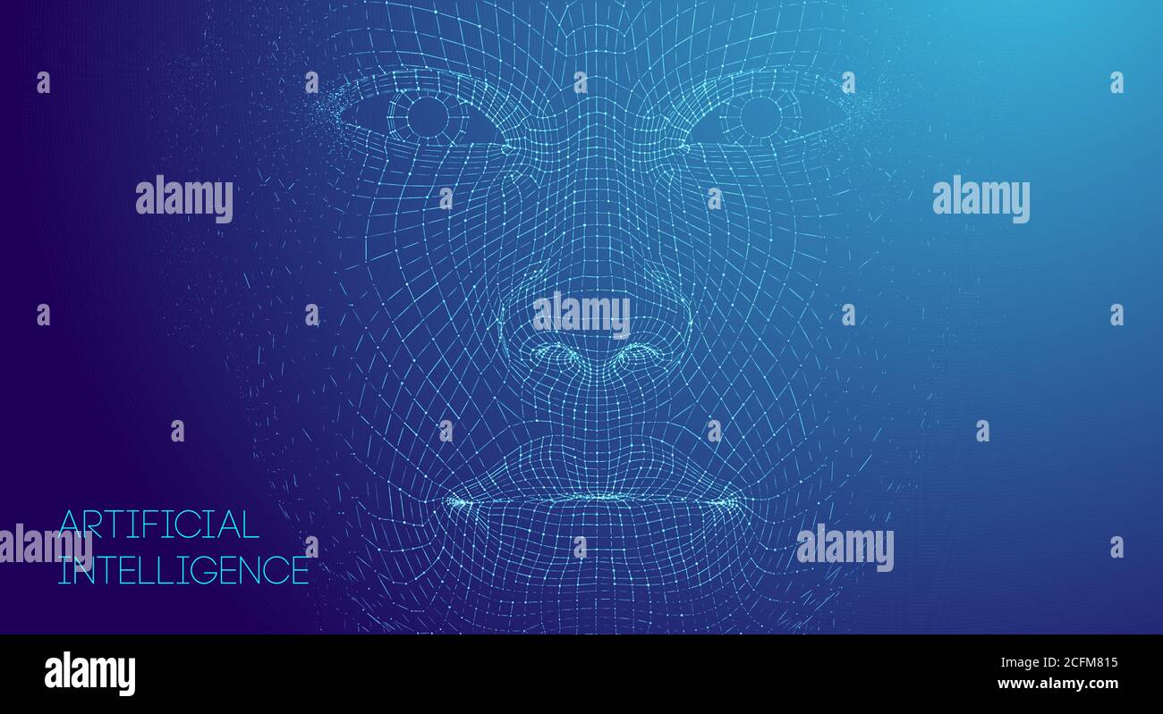 Artificial intelligence head, city human and innovations sciences fictions. Artificial technology human head concept. Cyborg background with Stock Vector