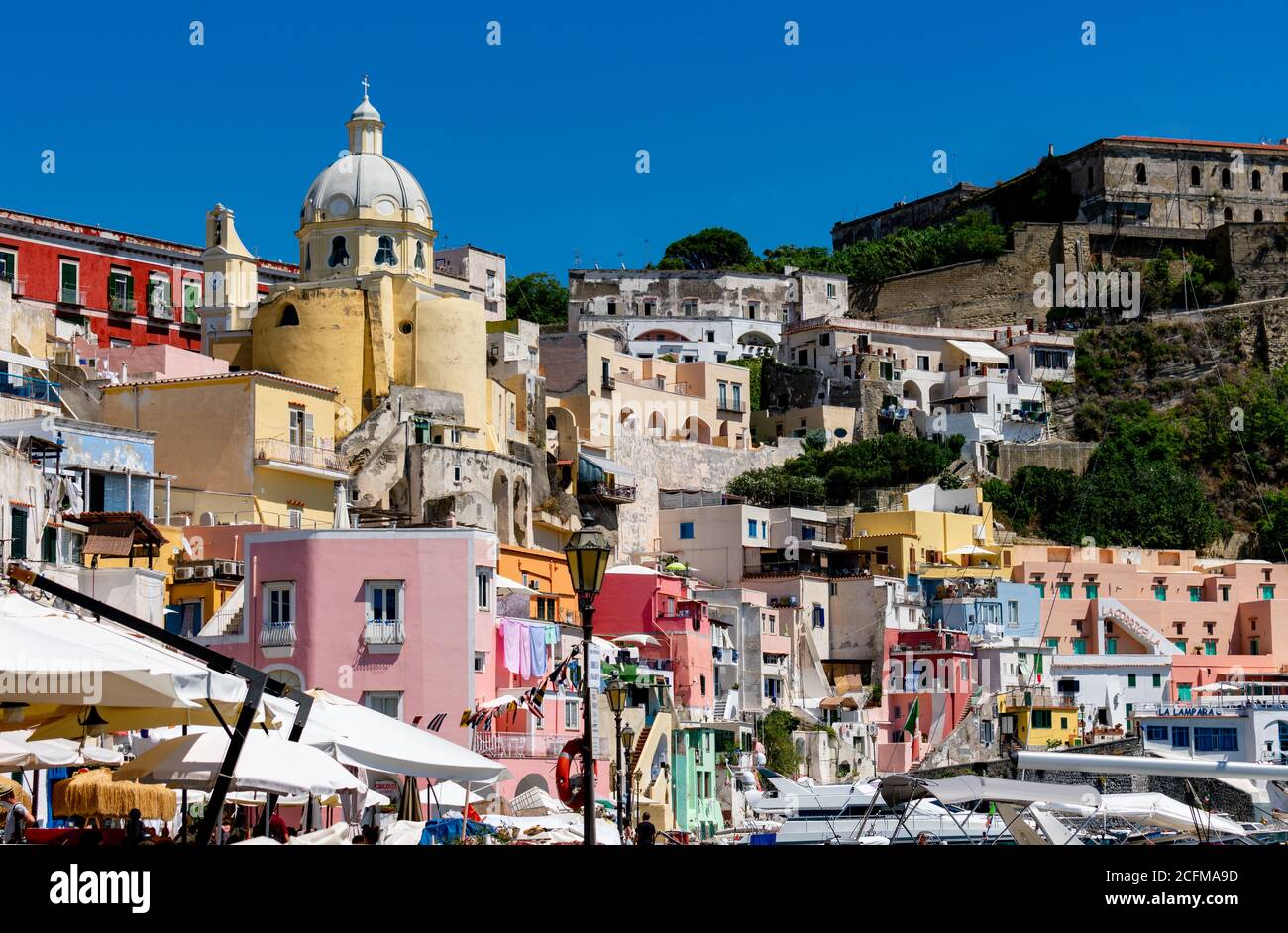 Italy, Campania, Procida - 18 August 2019 - Glimpse of the colorful Marina Coricella in Procida Stock Photo