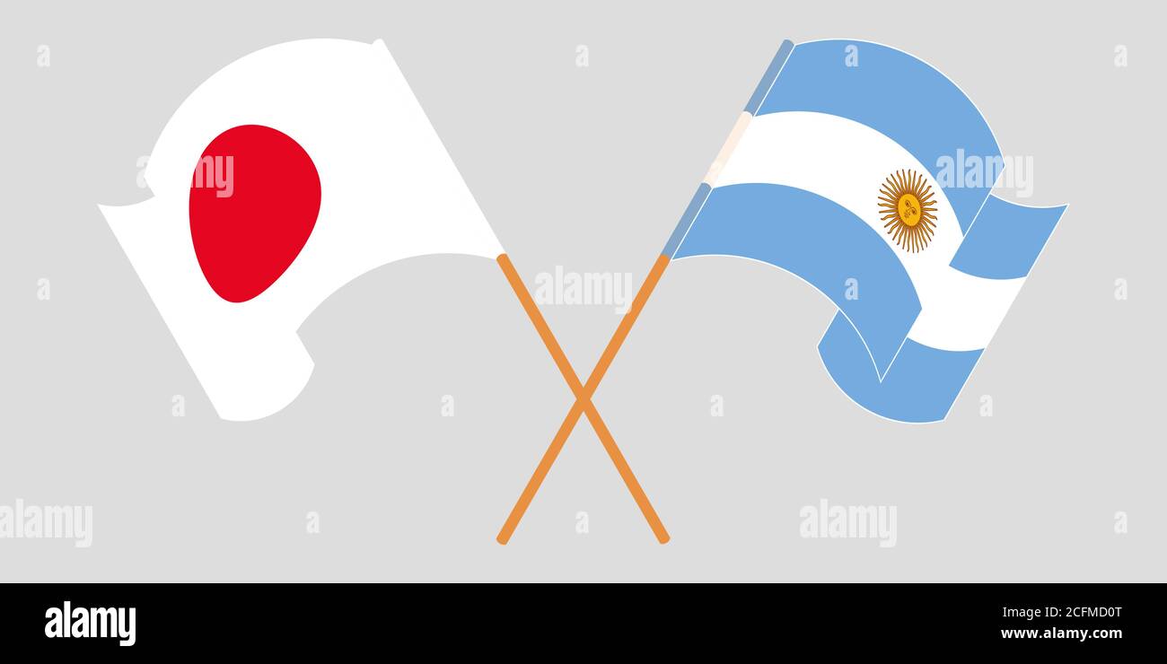 Crossed and waving flags of Argentina and Japan. Vector illustration Stock Vector