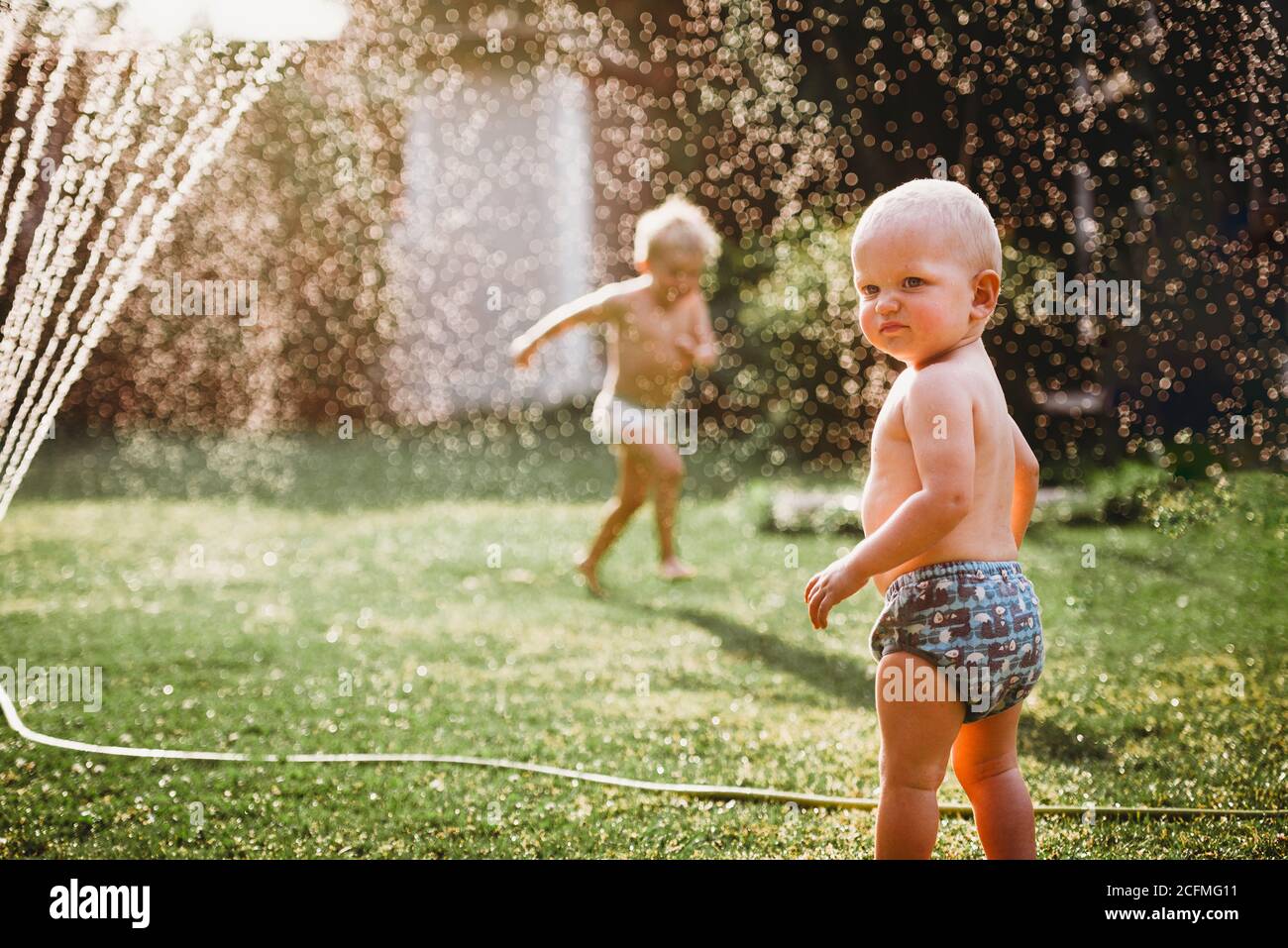 Young children playing with water from sprinkler in the backyard Stock