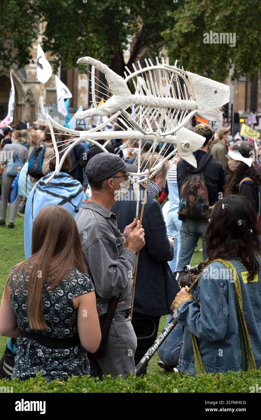 A protester hold a fish skeleton during the demonstration.The groups of Extinction Rebellion Marine, Ocean Rebellion, Sea Life Extinction and Animal Rebellion marched in London in a ‘socially distanced grief march’ to demand protection for the oceans and in protest against global governmental inaction to save the seas due to climate breakdown and human interference, and the loss of lives, homes and livelihoods from rising sea levels. Stock Photo