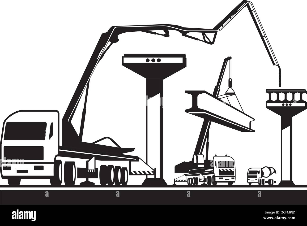 Construction machinery building a bridge – vector illustration Stock Vector