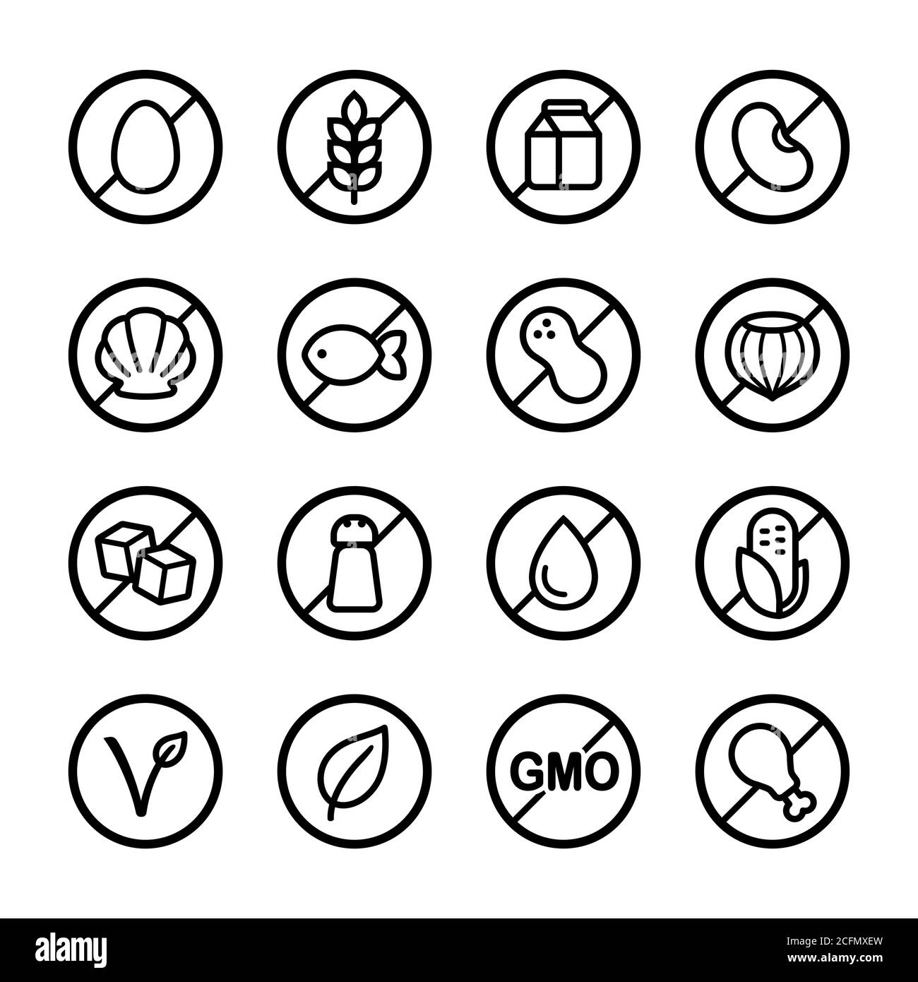 Set of ingredient and diet icons. Common allergens (gluten, dairy, soy, nut and more), sugar, salt and trans fat, vegetarian and organic symbols. Stock Vector