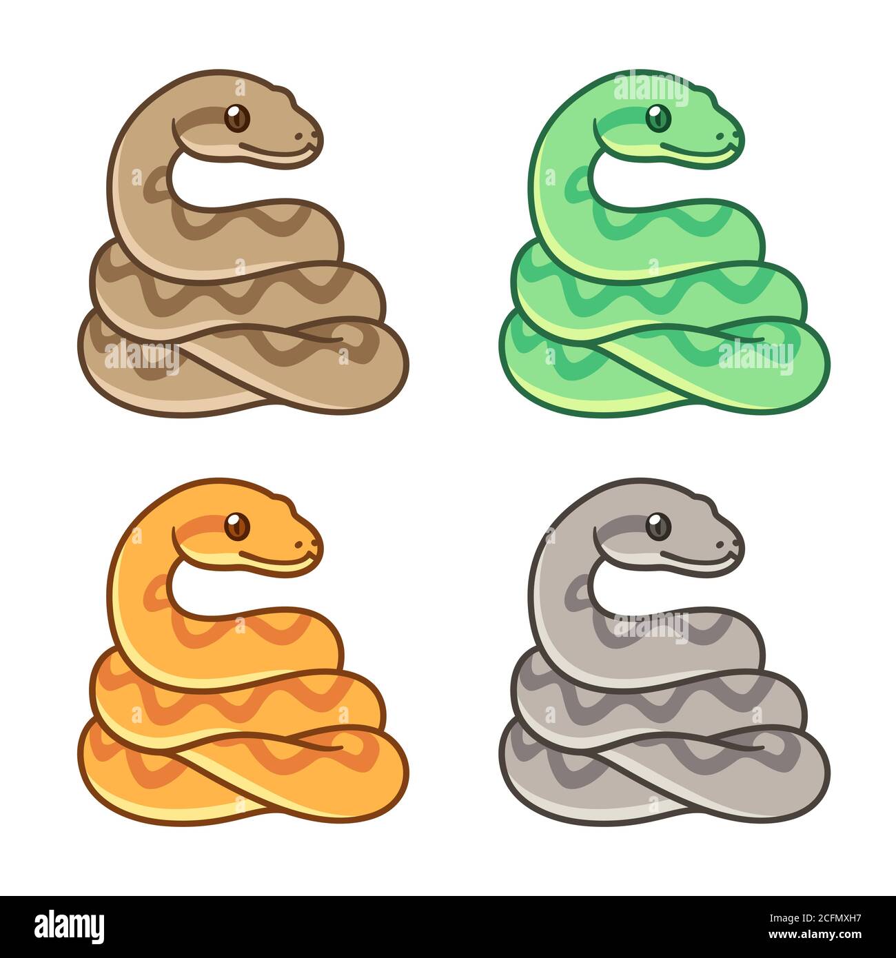 Cute cartoon snake drawing set, different colors. Ball python, boa ...