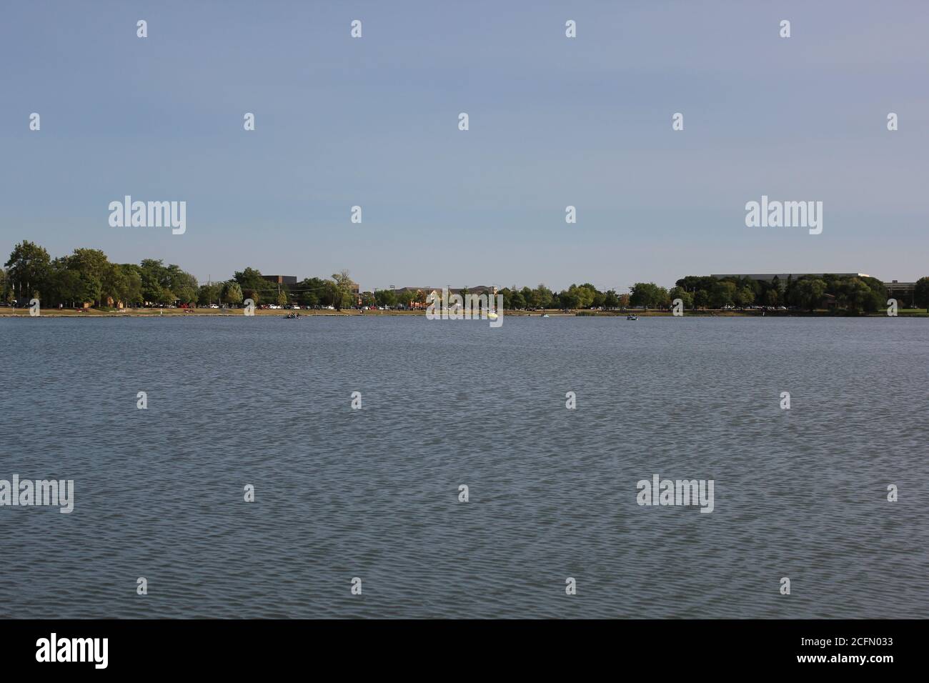 A sweeping vista of Lake Opeka in Lake Park in Des Plaines, Illinois