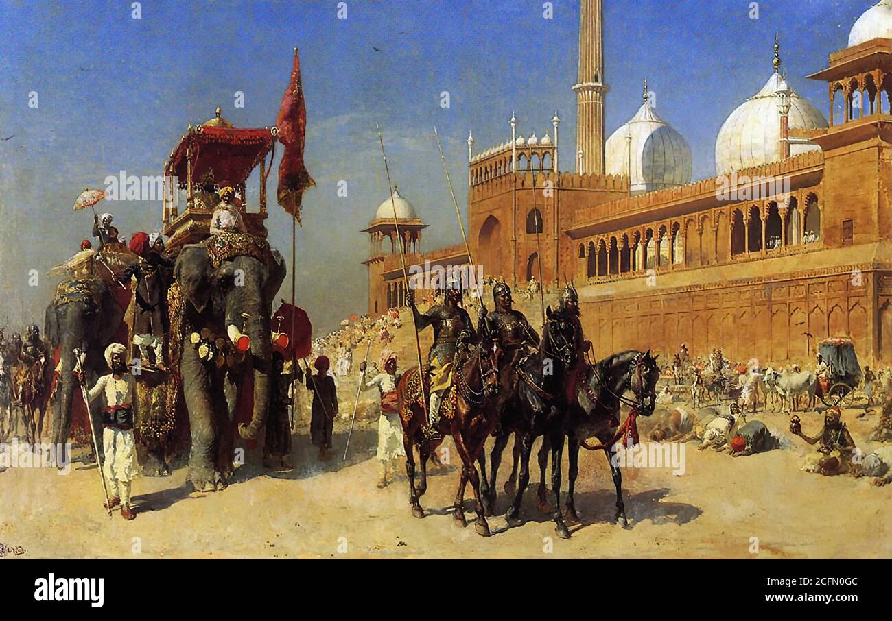 Weeks Edwin Lord - Great Mogul and His Court Returning from the Great Mosque at Delhi India - British School - 19th  Century Stock Photo