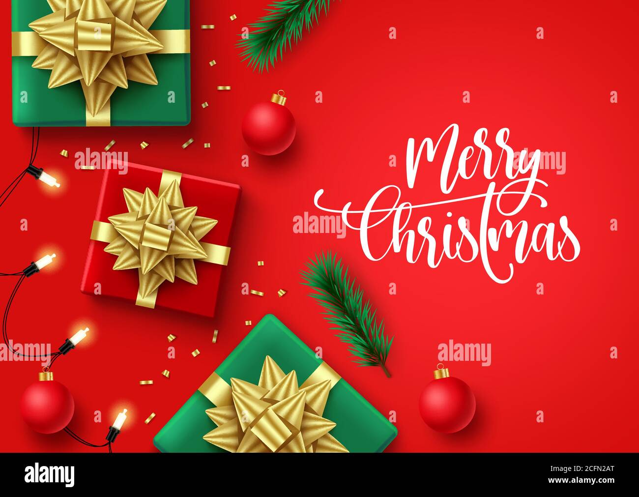 Christmas in red background vector template. Merry christmas text with xmas season elements and empty space for holiday celebration greeting card. Stock Vector