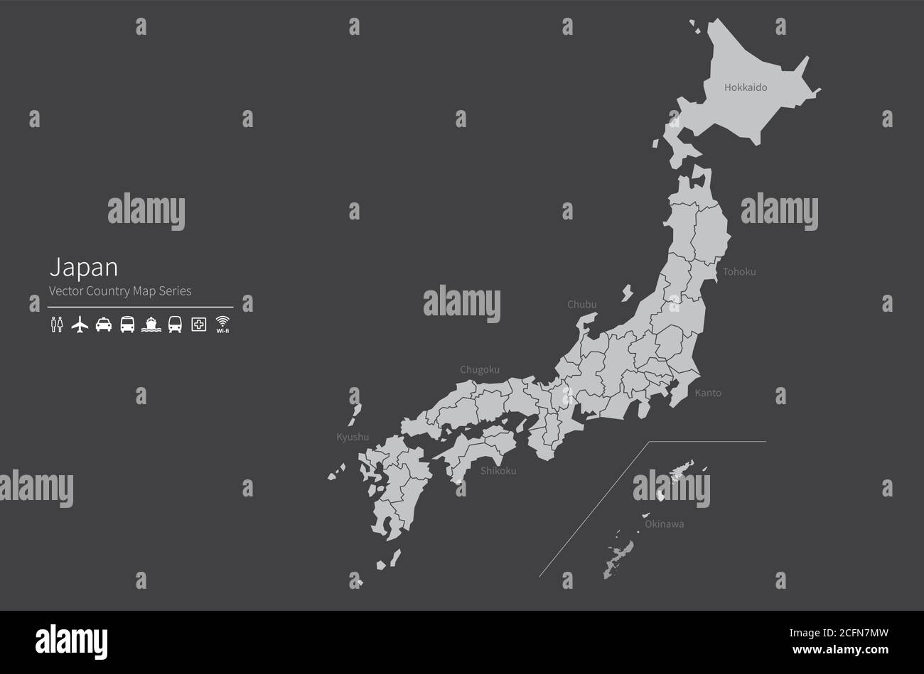 Japan map. National map of the world. Gray colored countries map series. Stock Vector
