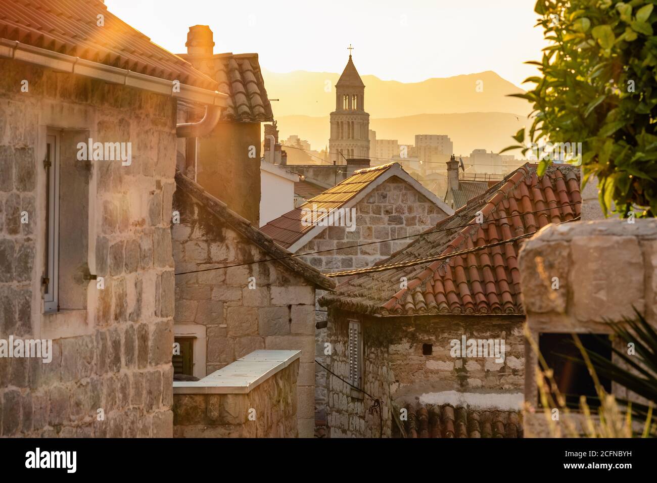 Sunrise over Split old town in Croatia Stock Photo