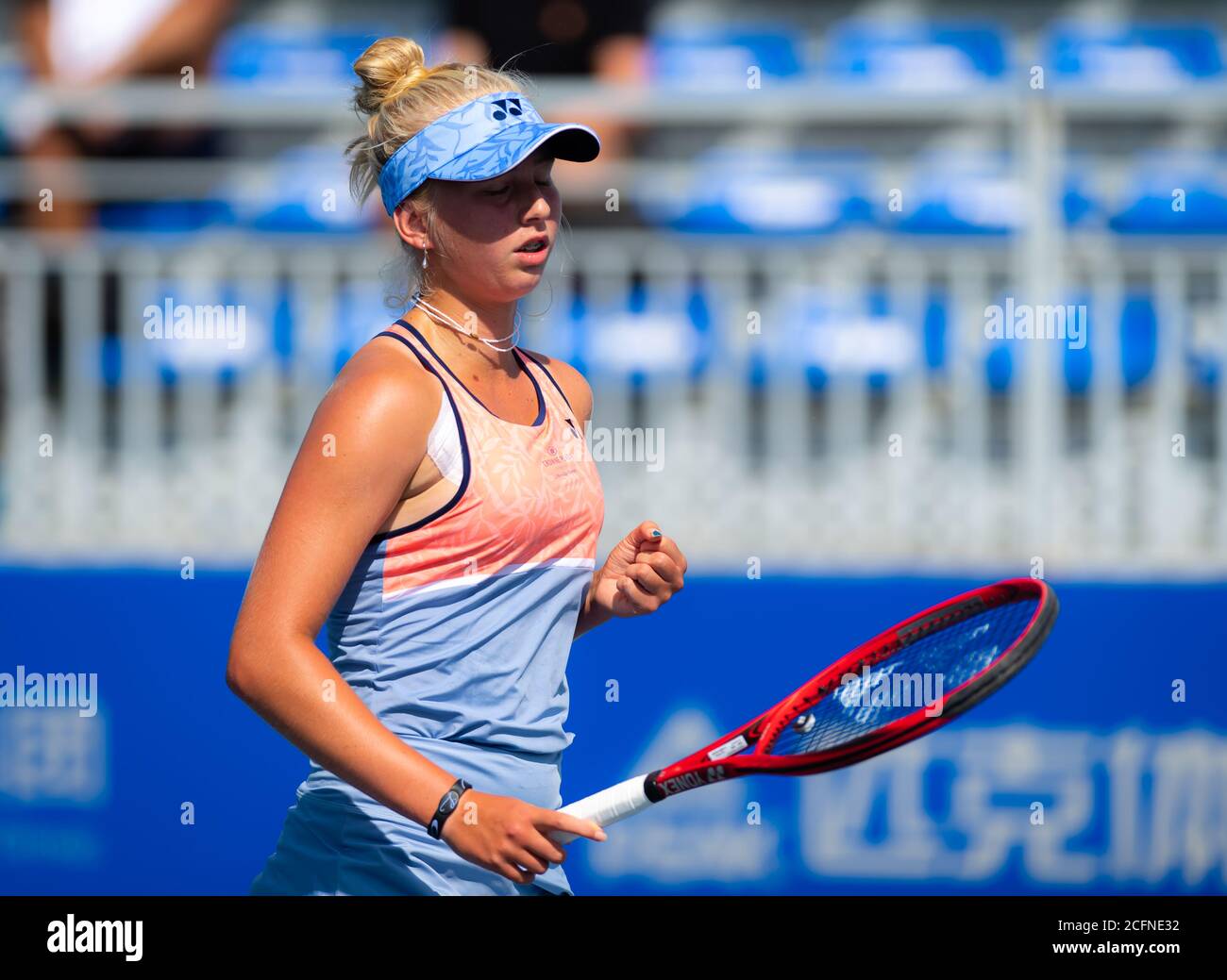 Clara Tauson of Denmark in action during qualifications at the 2019 Dongfeng Motor Wuhan Open Premier 5 tennis tournament Stock Photo