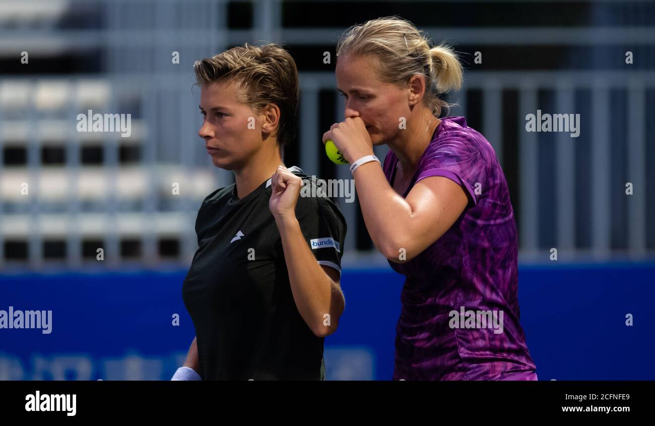 Demi Schuurs of the Netherlands & Anna Lena Groenefeld of Germany playing doubles at the 2019 Dongfeng Motor Wuhan Open Premier 5 tennis tournament Stock Photo