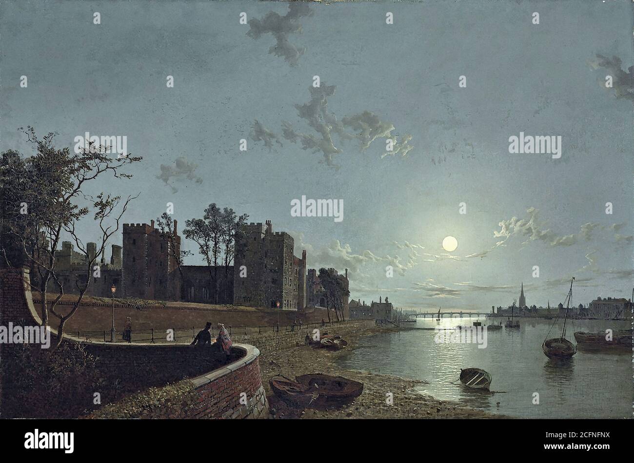 Pether Henry - View of the Thames at Lambeth Palace by Moonlight - British School - 19th  Century Stock Photo
