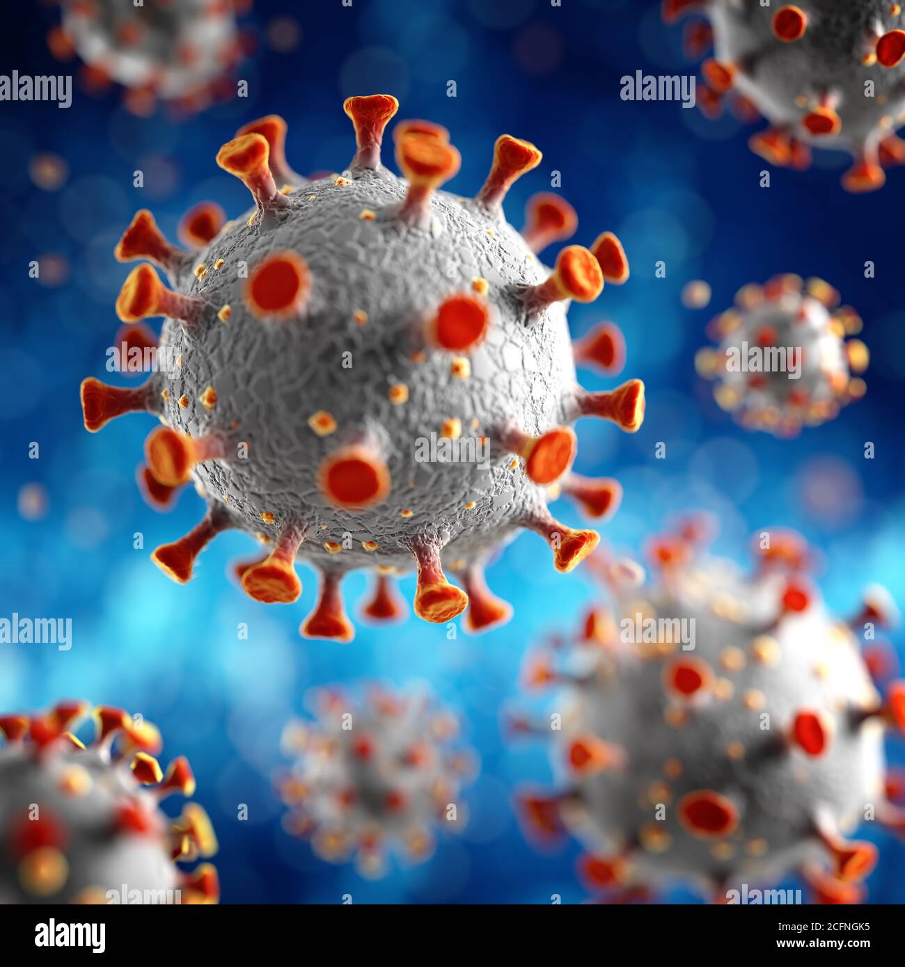 Novel Coronavirus, 2019-nCoV or SARS-CoV-2, cause of the global flu pandemic. Microscopic virus close up concept. 3d rendering. Stock Photo