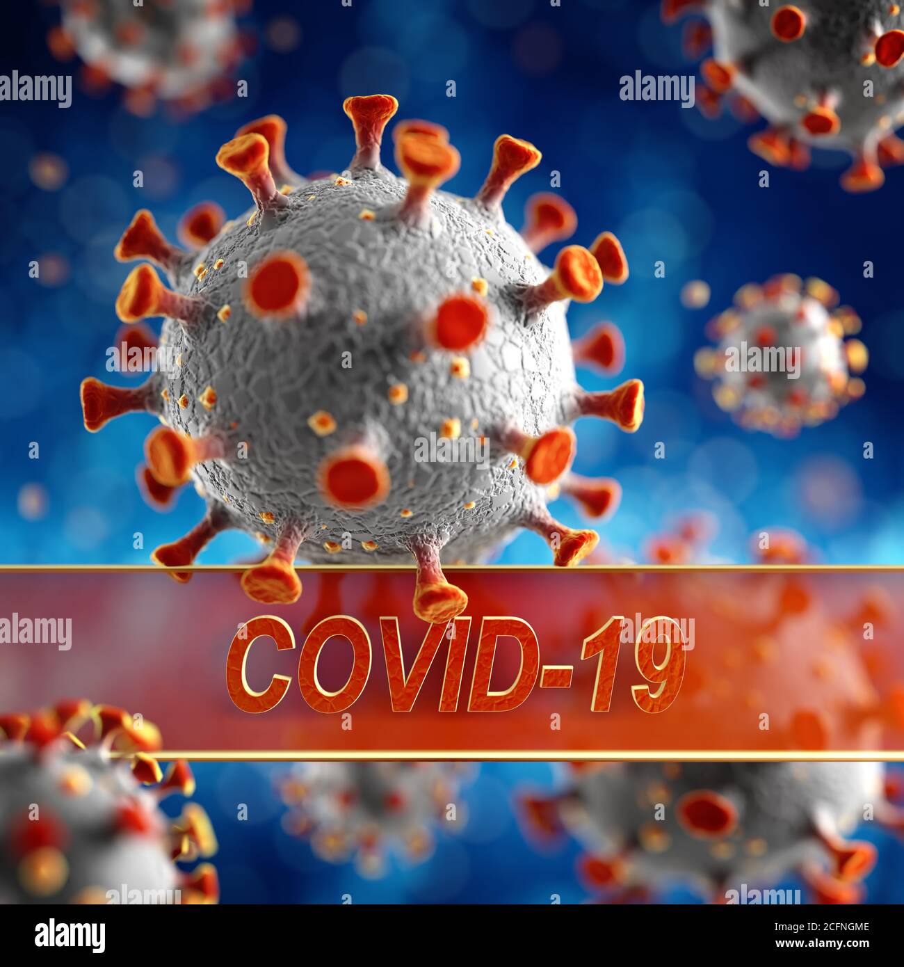 Novel Coronavirus, 2019-nCoV or SARS-CoV-2, cause of the global flu pandemic. Microscopic virus close up concept with Covid-19 text. 3d rendering. Stock Photo