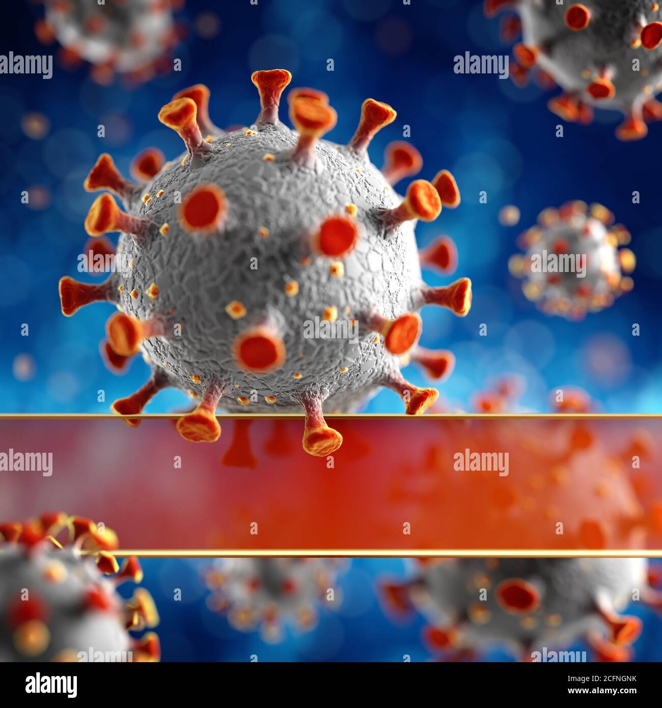 Novel Coronavirus, 2019-nCoV or SARS-CoV-2, cause of the global flu pandemic. Microscopic virus close up concept with blank copyspace for text. 3d ren Stock Photo
