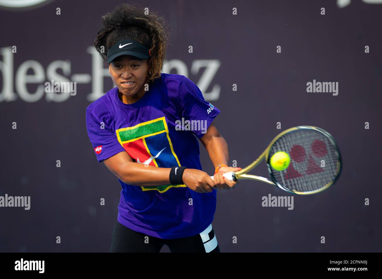 Naomi Osaka of Japan practices at the 2019 China Open Premier Mandatory