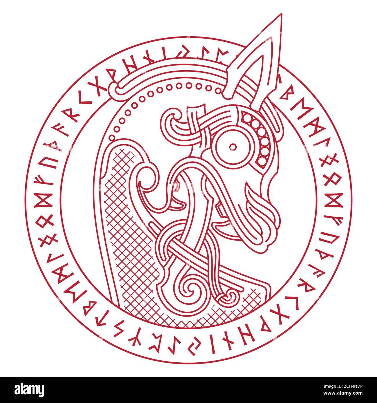 Scandinavian design. Dragon head. The bow figure of the Viking ship Drakkar and runic circle Stock Vector
